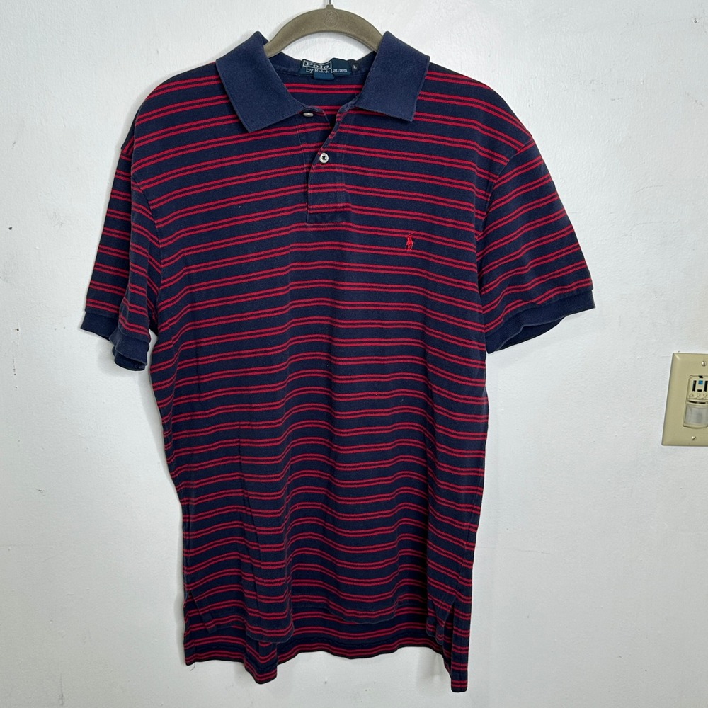 Polo Ralph Lauren Mens Large Navy Blue Red Striped Short Sleeve Pique Polo Shirt